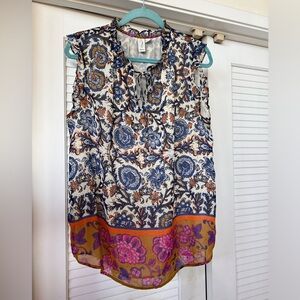 Joie Sleeveless Paisley Floral Print Metallic Blouse Cream Blue Pink Size XL